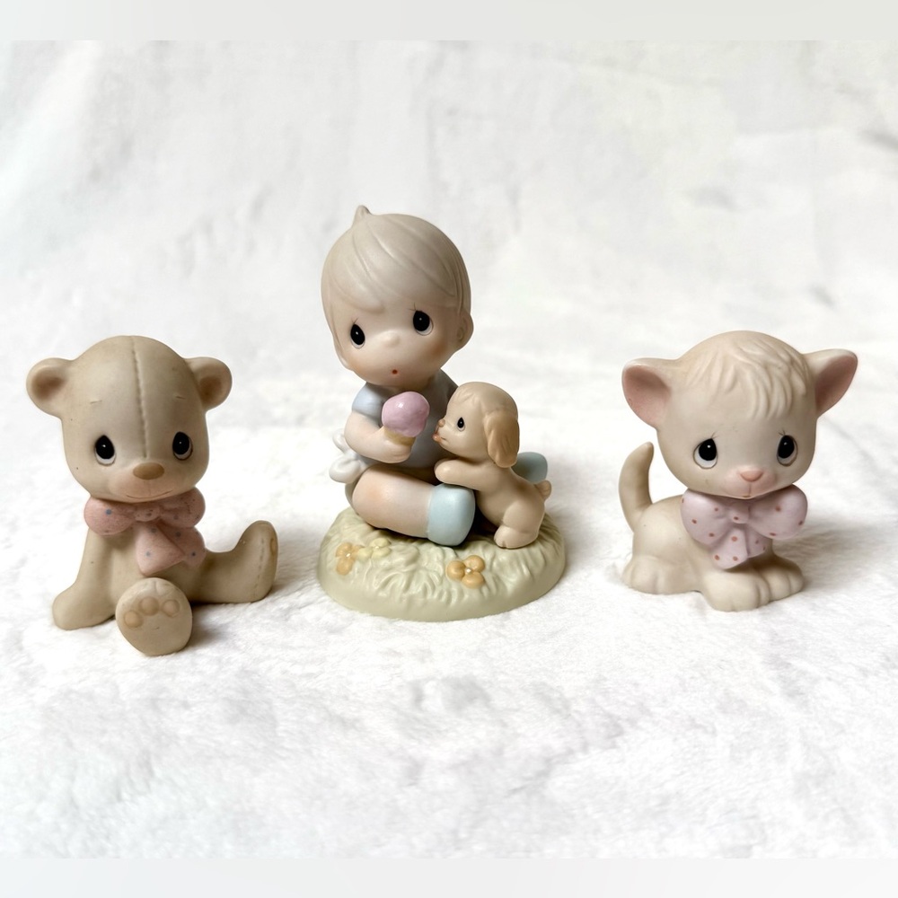 Precious Moments Porcelain Figurine Set with Child and Dogs